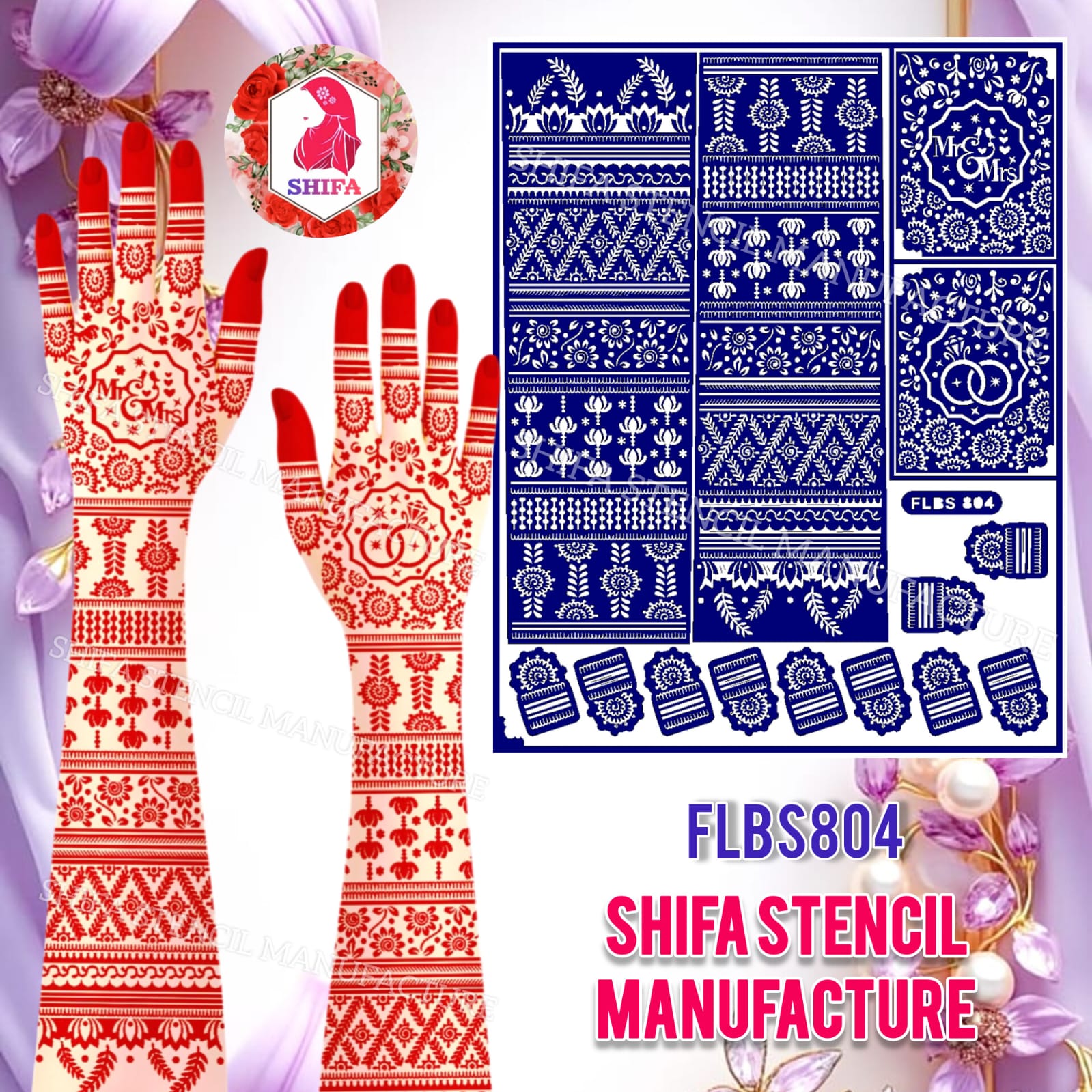 FLBS 804 Heavy Bridal Mr & Mrs Couple Ring Themed Sticker Overview Henna Stencil - Shifa Stencil